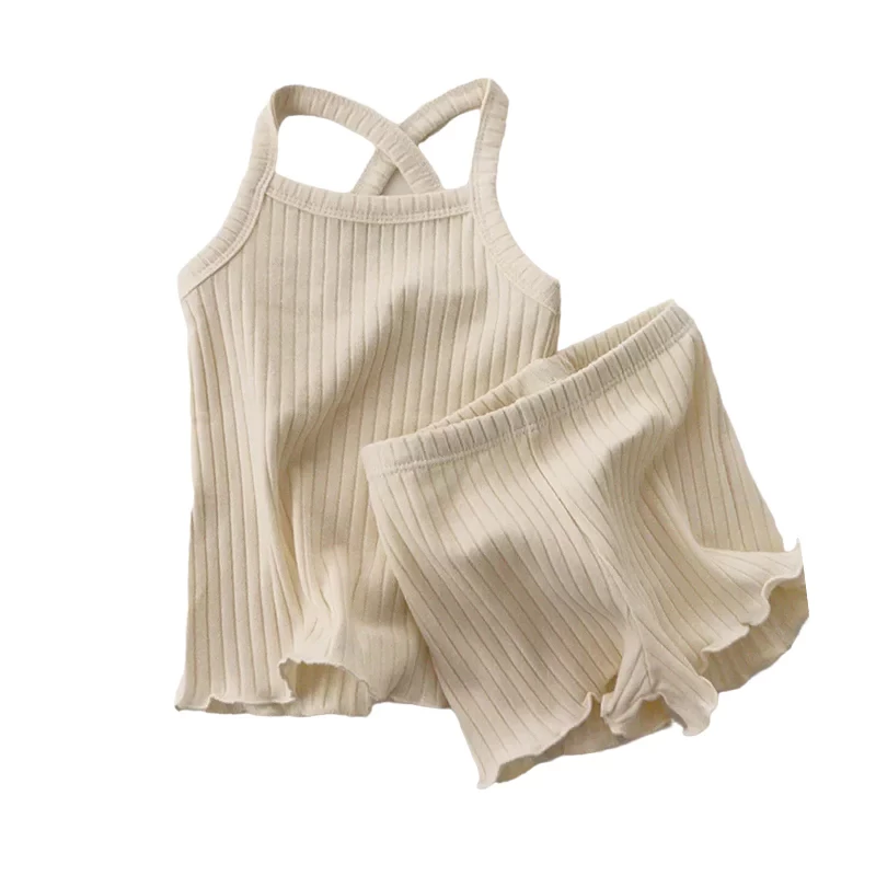 2 Pieces Set Baby Kid Girls Solid Color Muslin & Ribbed Tank Tops And Shorts